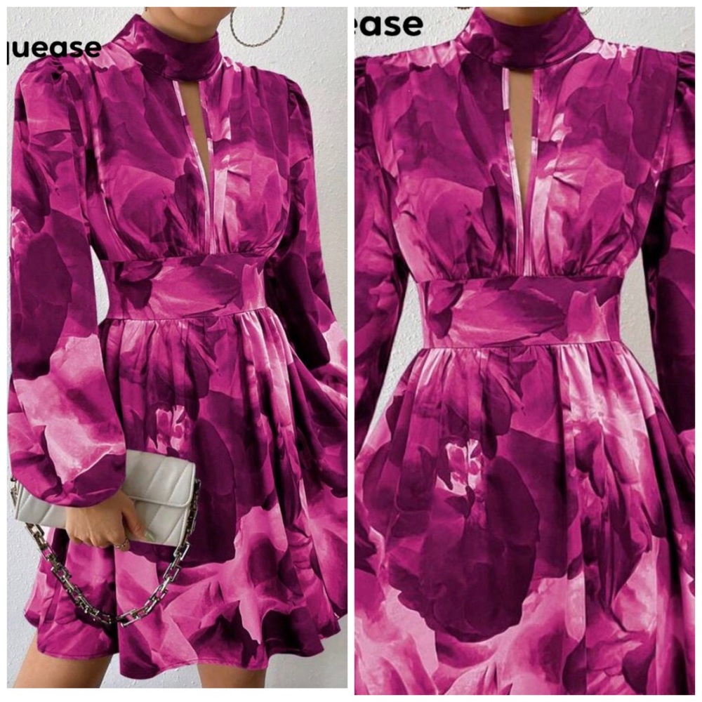 *NEW* PINK FLORAL DRESS Keyhole Neck Lantern Sleeve SMALL